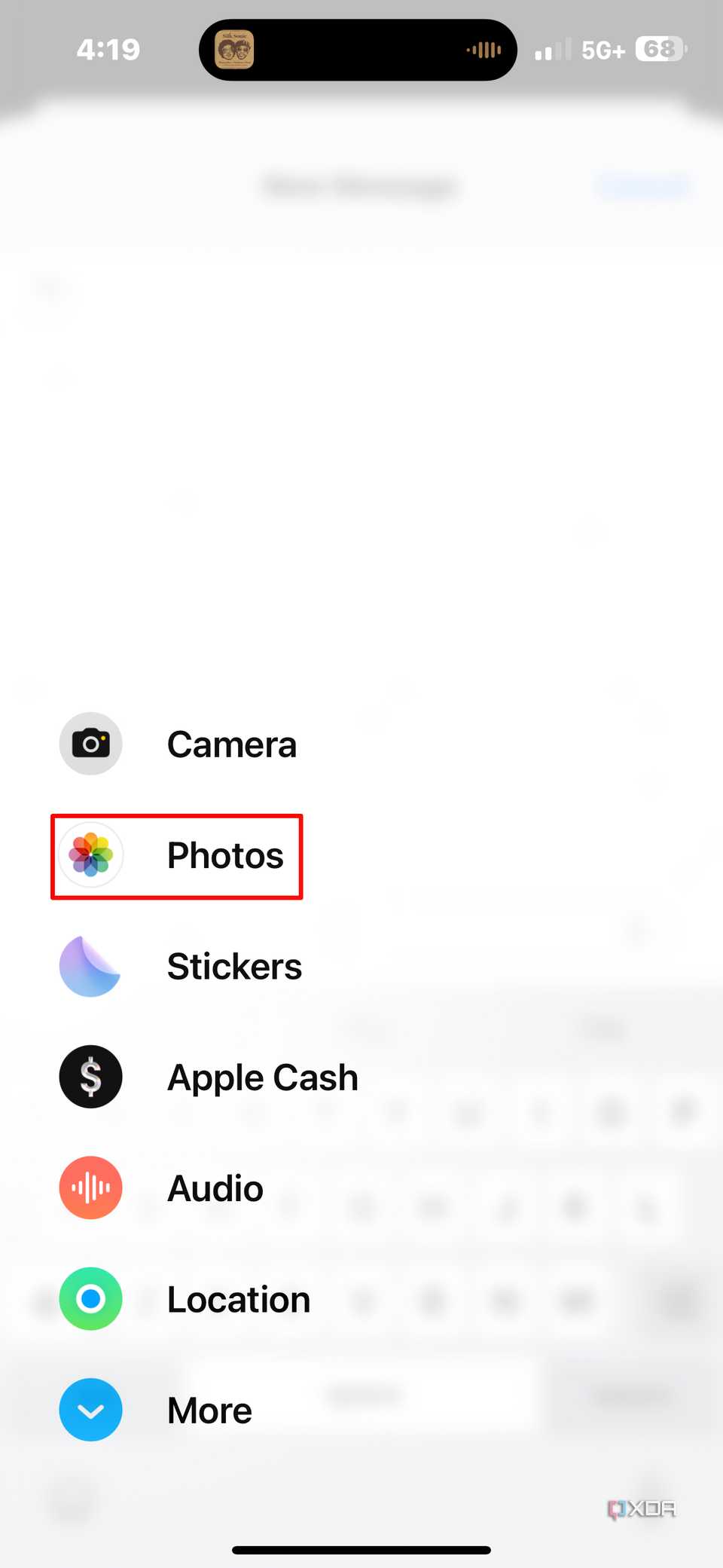 The Photos button in Messages.