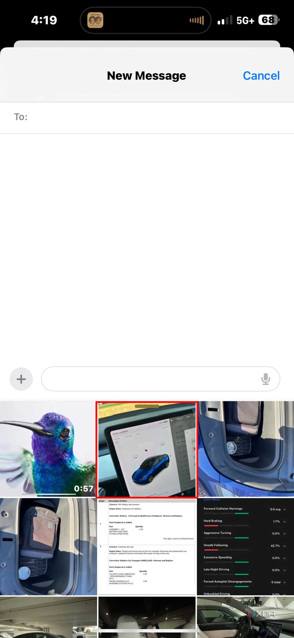 Selecting a photo from your gallery in iMessage.