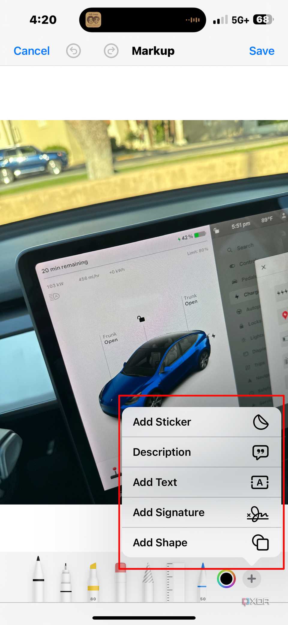 The overlay of more options in markup in iMessage.