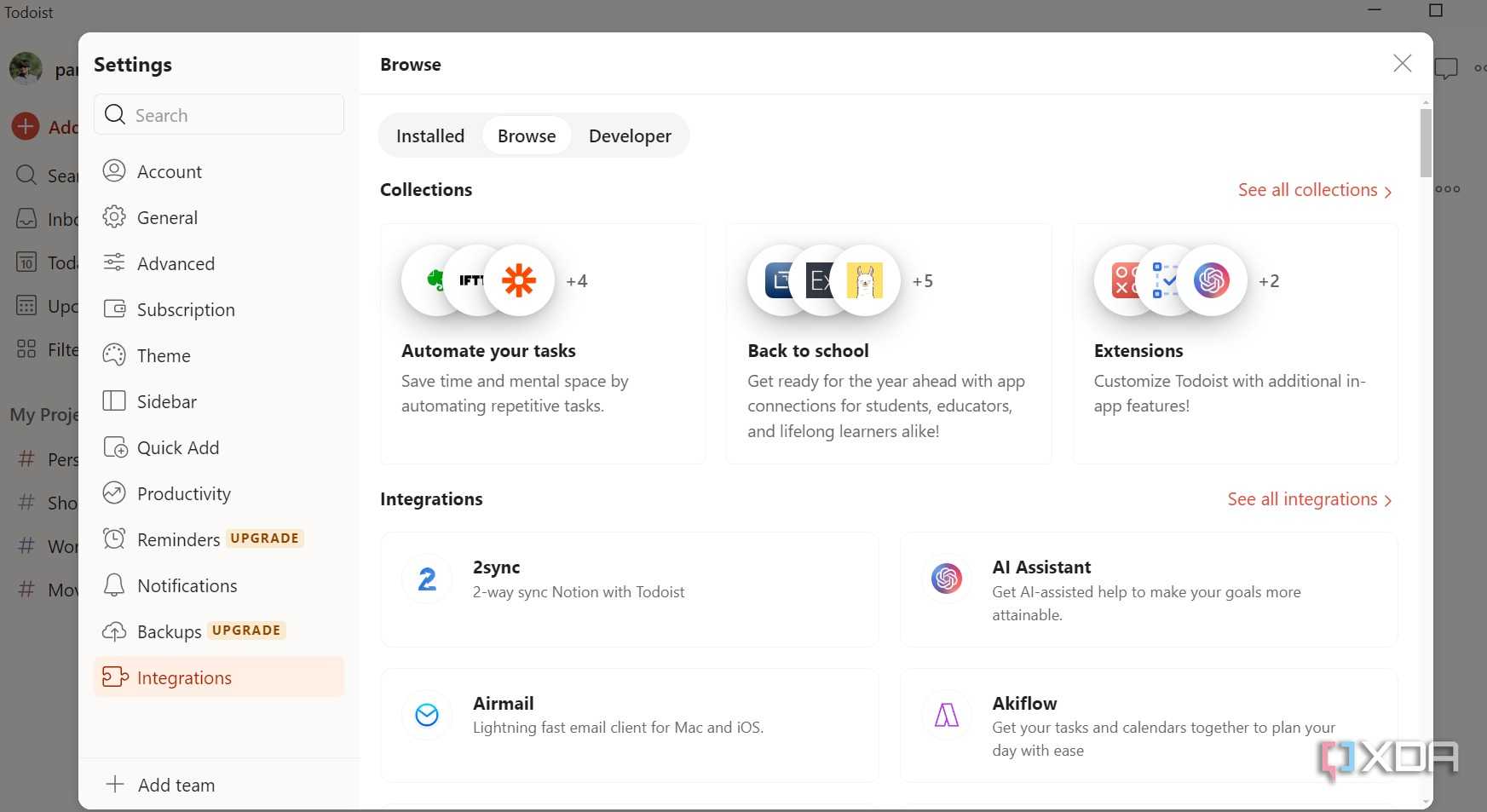 Todoist settings