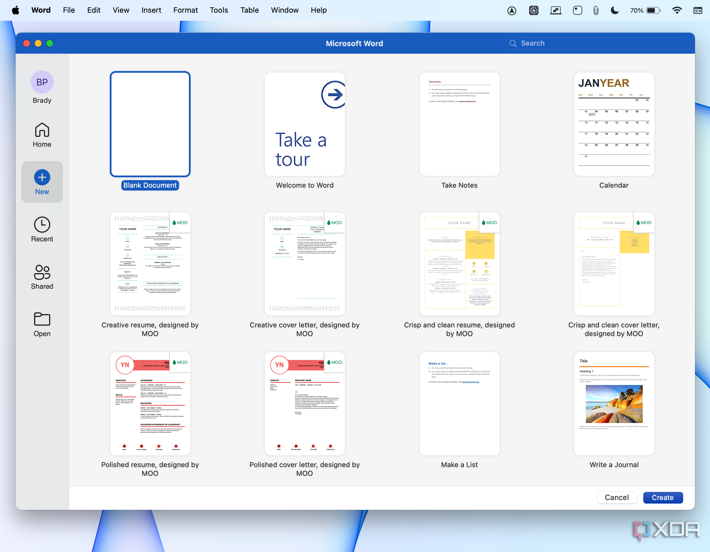 Microsoft Word creating a new document on Mac.
