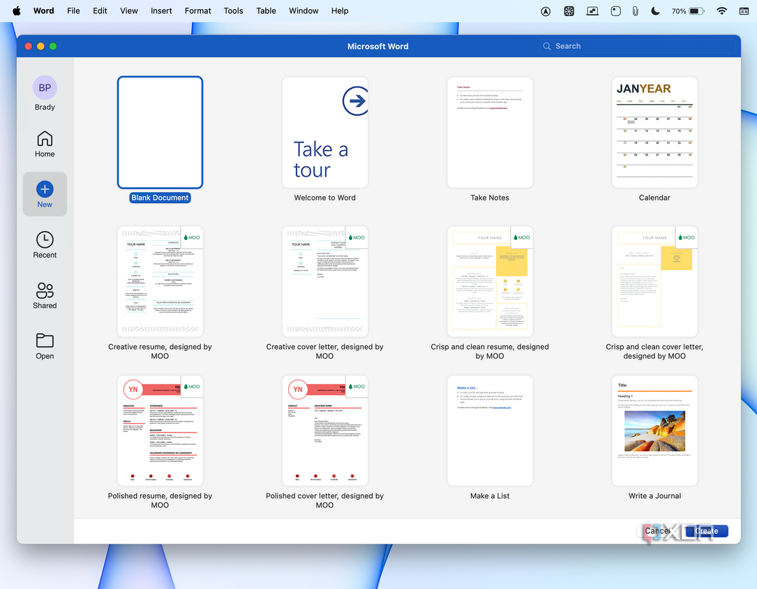 Microsoft Word creating a new document on Mac.