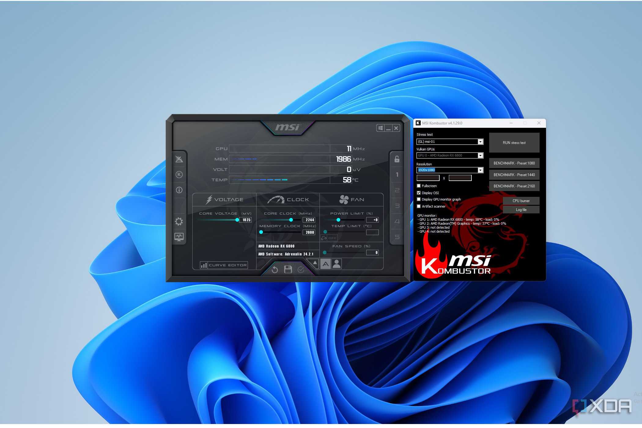 image showing MSI Afterburner and Kombuster software