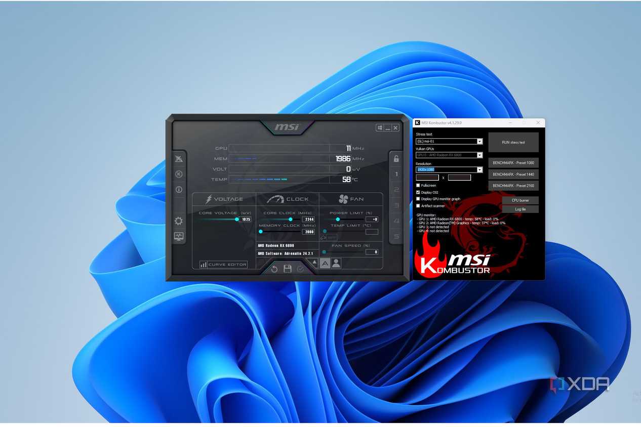 image showing MSI Afterburner and Kombuster software