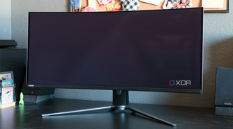 The front of the MSI MAG 341CQP with the screen off.