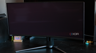 A comparison of the black levels with the MSI MAG 341CQP QD-OLED in the front and the LG 42C2 W-OLED behind it.