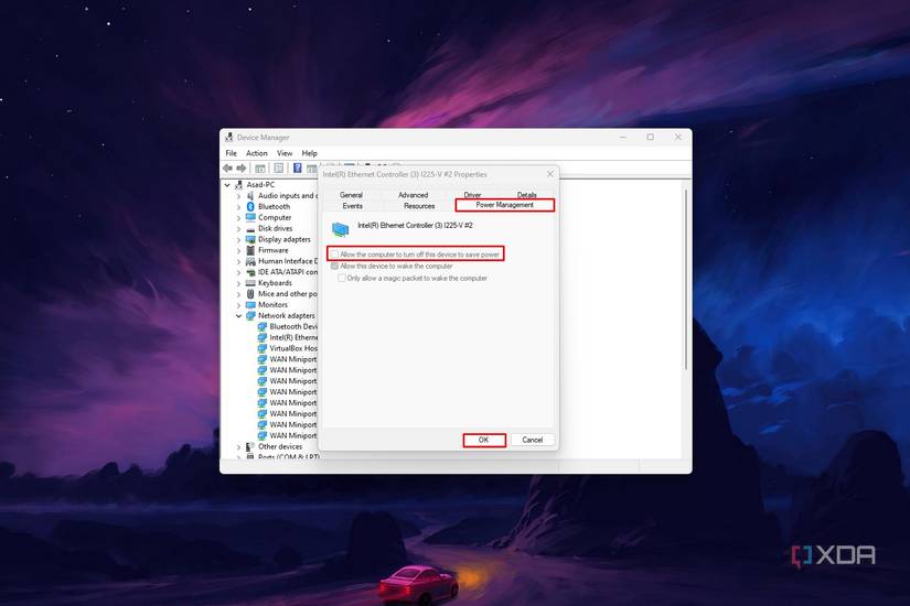 Windows 11 Device Manager screenshot that highlights the power management setings for an Intel network adapter.