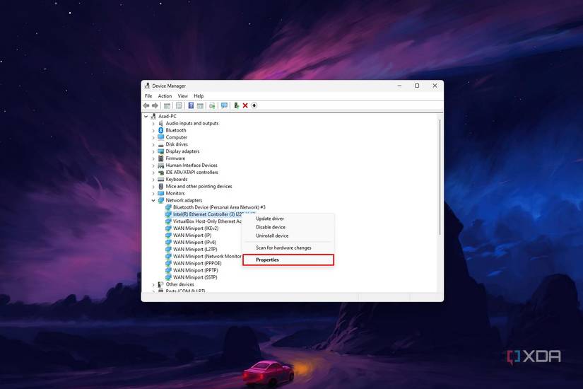 Windows 11 Device Manager screenshot that highlights the Properties tab for an Intel Ethernet network adapter.
