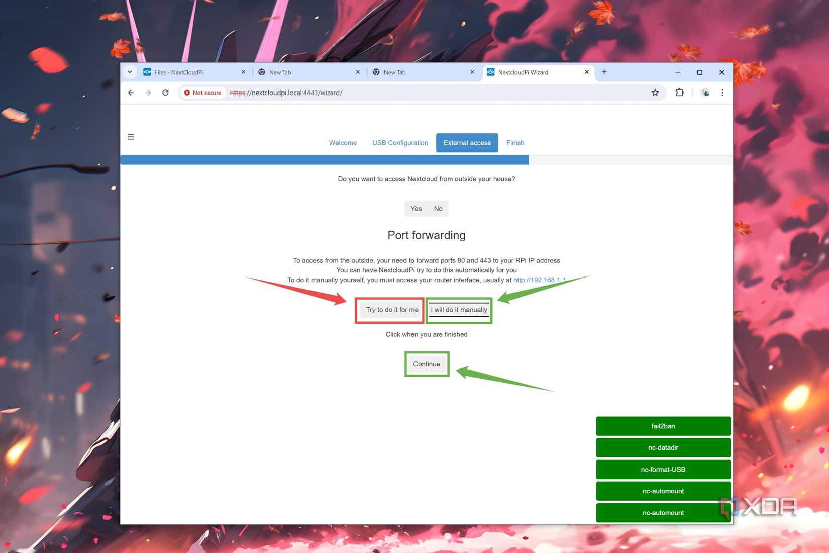 The procedure to set up port forwarding in NextCloudPi web UI