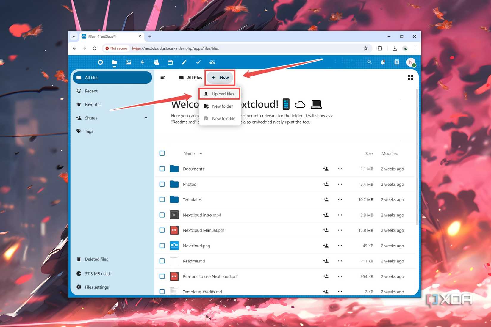 The procedure to upload new files to NextCloudPi 