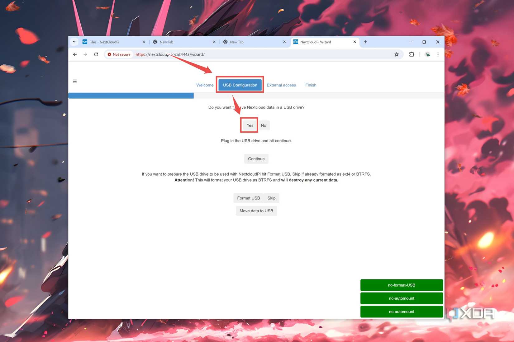 The USB Configuration tab in the NextCloudPi web UI