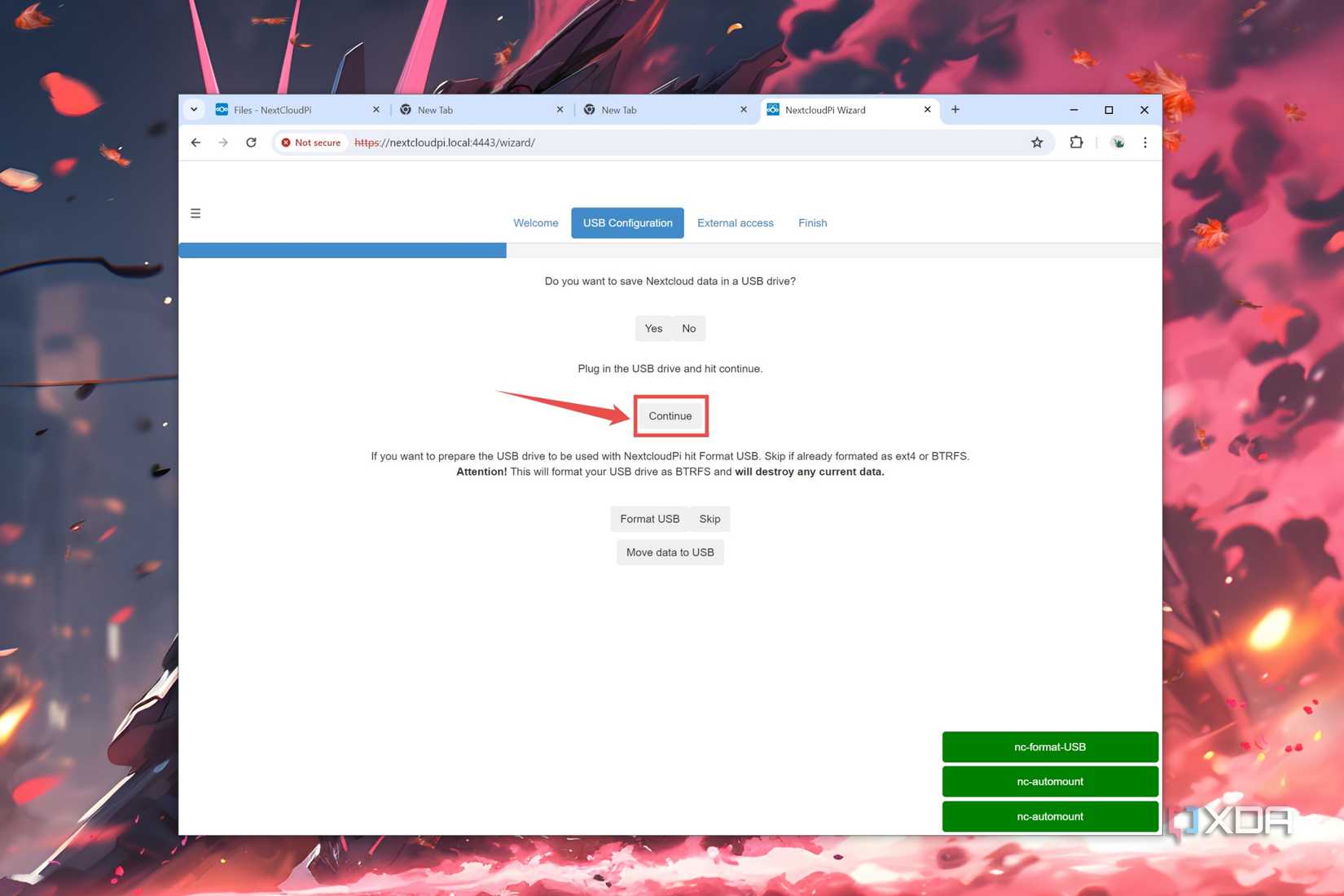 The Continue button highlighted in the USB Configuration tab of the NextCloudPi web UI