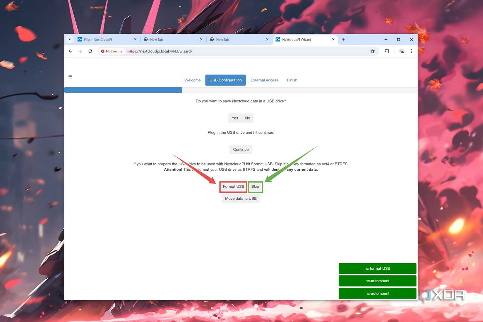 The Format and Skip buttons highlighted in the USB Configuration tab of the NextCloudPi web UI
