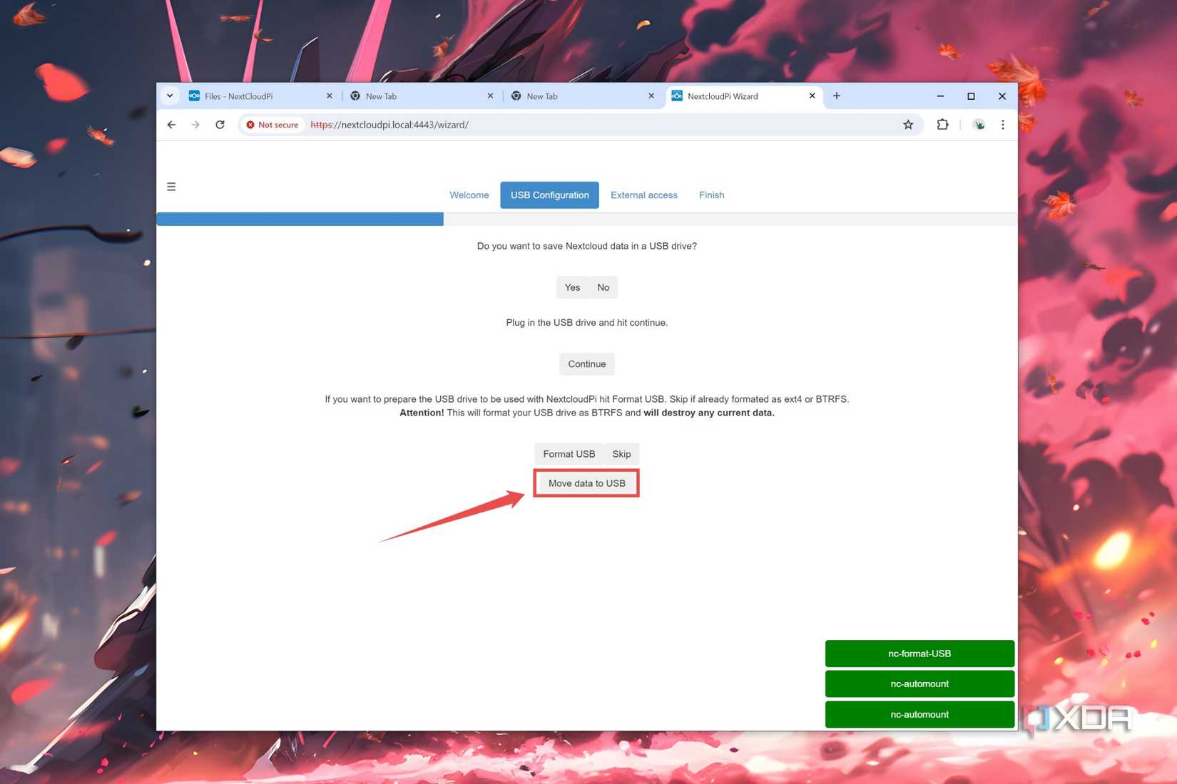 The Move data to USB button highlighted in the USB Configuration tab of the NextCloudPi web UI