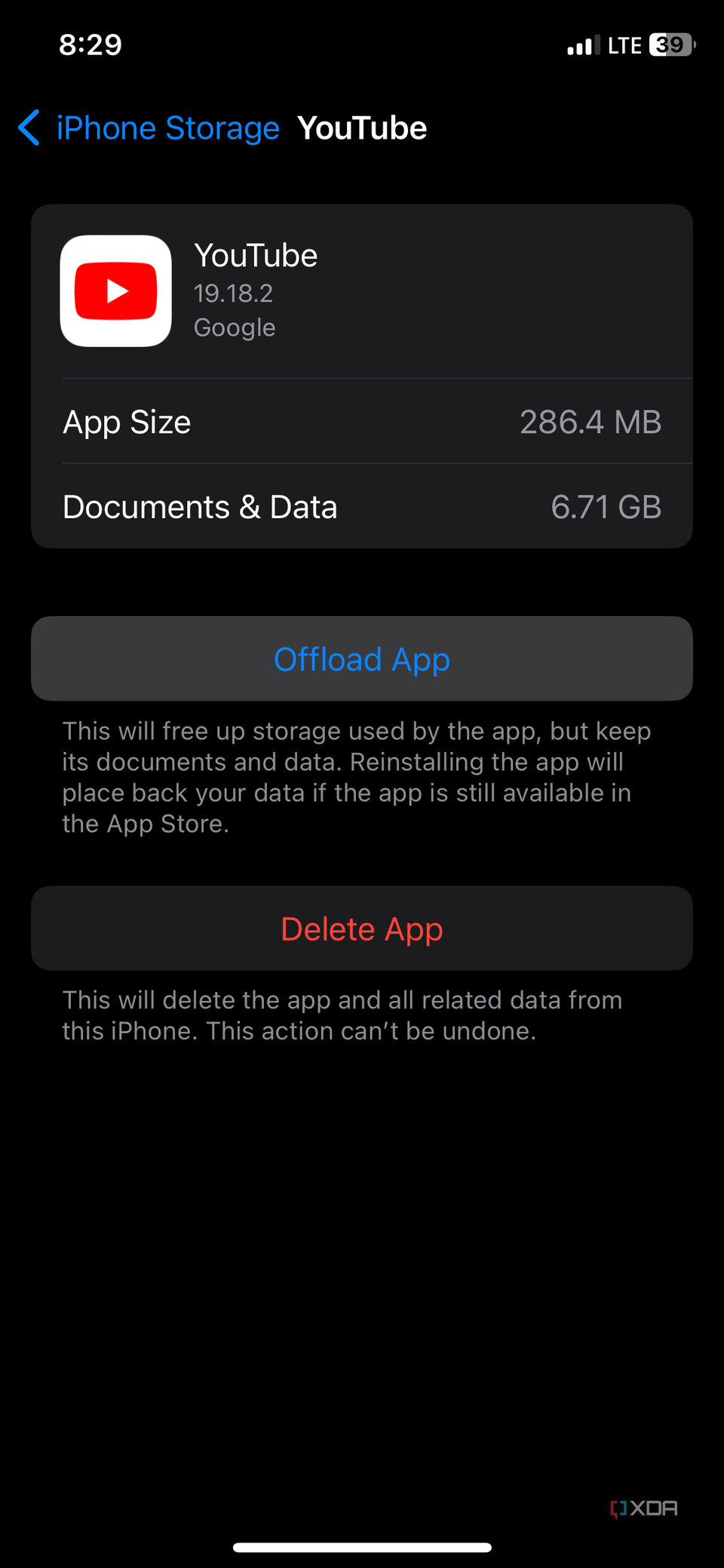 iPhone screenshot that highlights the Offload App button for the Youtube app.