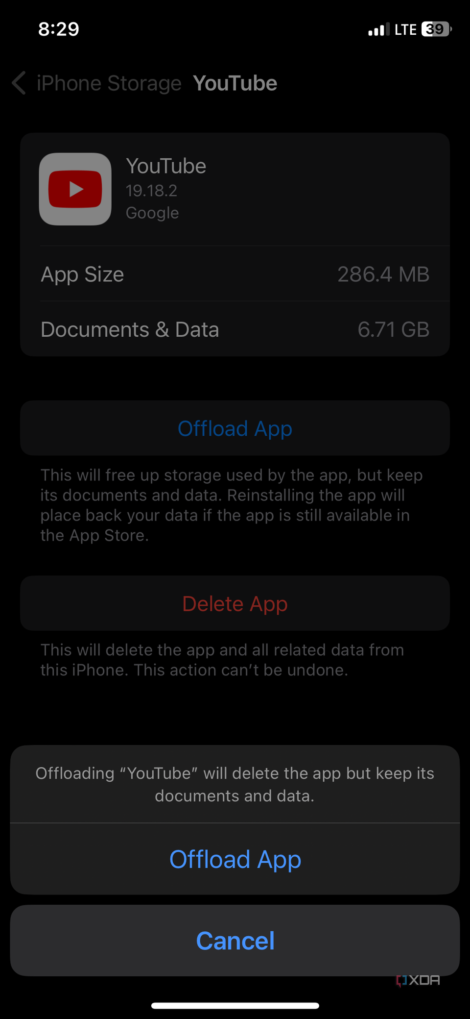 iPhone screenshot that highlights the Offload App confirmation for the Youtube app.