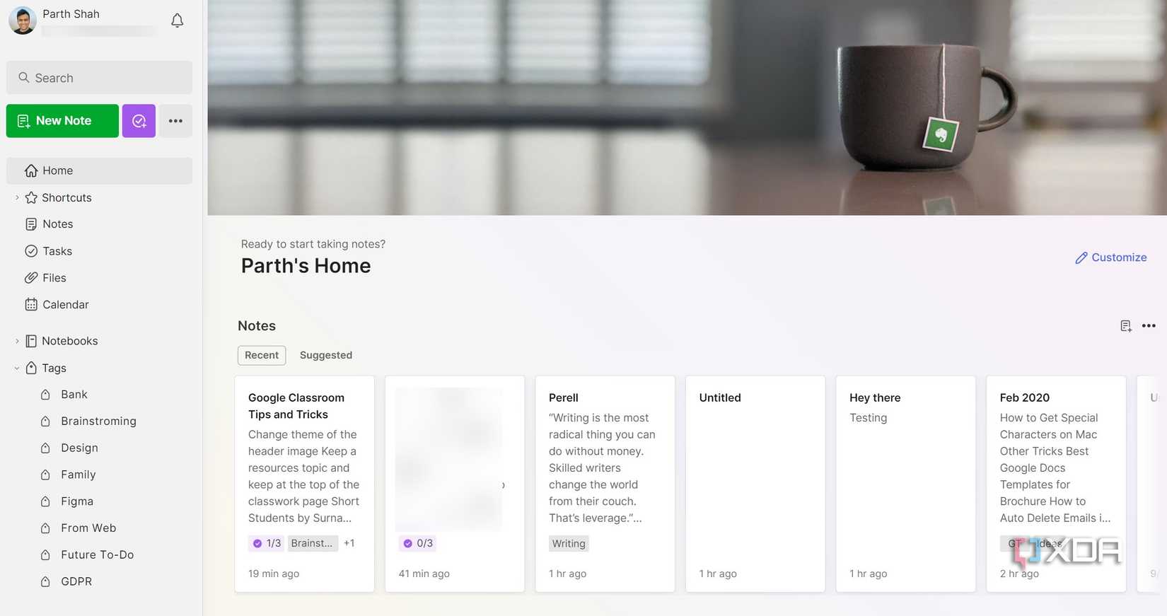 Evernote interface