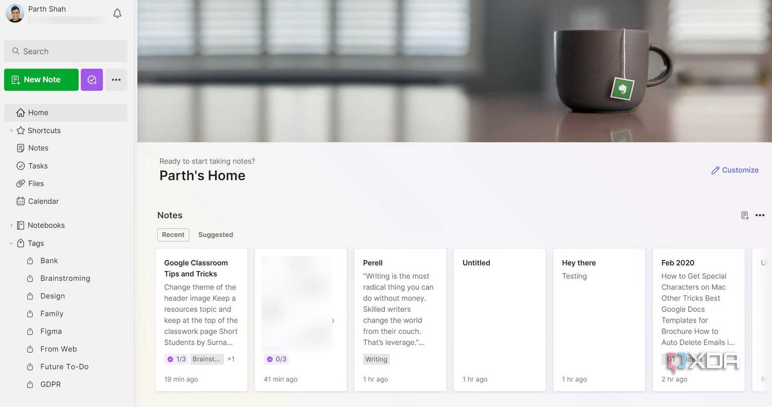 Evernote interface