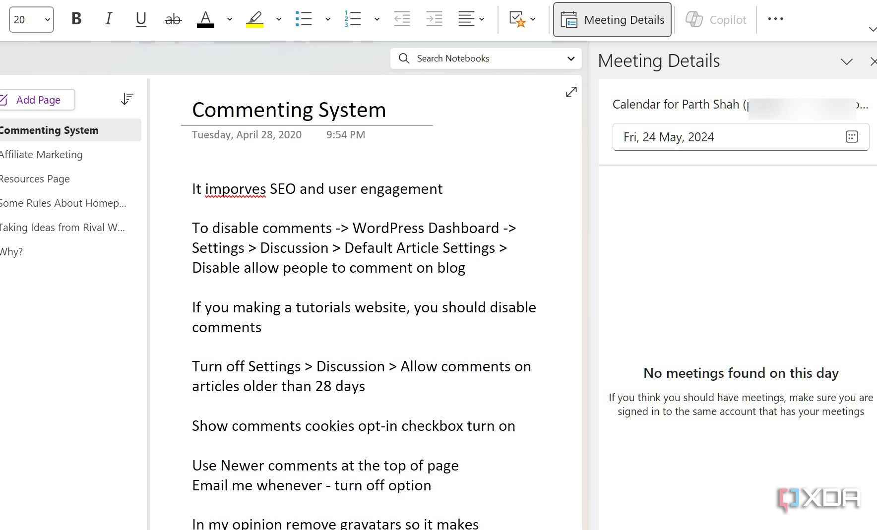 A screenshot showing OneNote toolbar and Outlook meetings