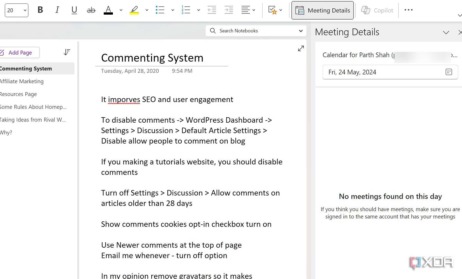 A screenshot showing OneNote toolbar and Outlook meetings