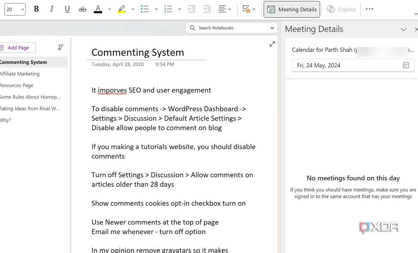 A screenshot showing OneNote toolbar and Outlook meetings
