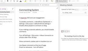 A screenshot showing OneNote toolbar and Outlook meetings