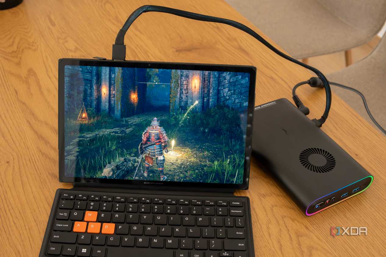 A One Xplayer X1 tablet running Elden Ring while connected to an external GPU via OCuLink