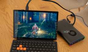 A One Xplayer X1 tablet running Elden Ring while connected to an external GPU via OCuLink