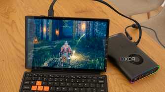 A One Xplayer X1 tablet running Elden Ring while connected to an external GPU via OCuLink