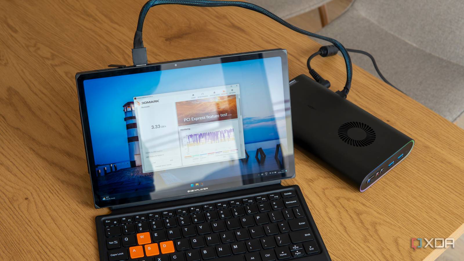 A One Xplayer X1 tablet with a OneXGPU connected via OCuLink showing benchmark results