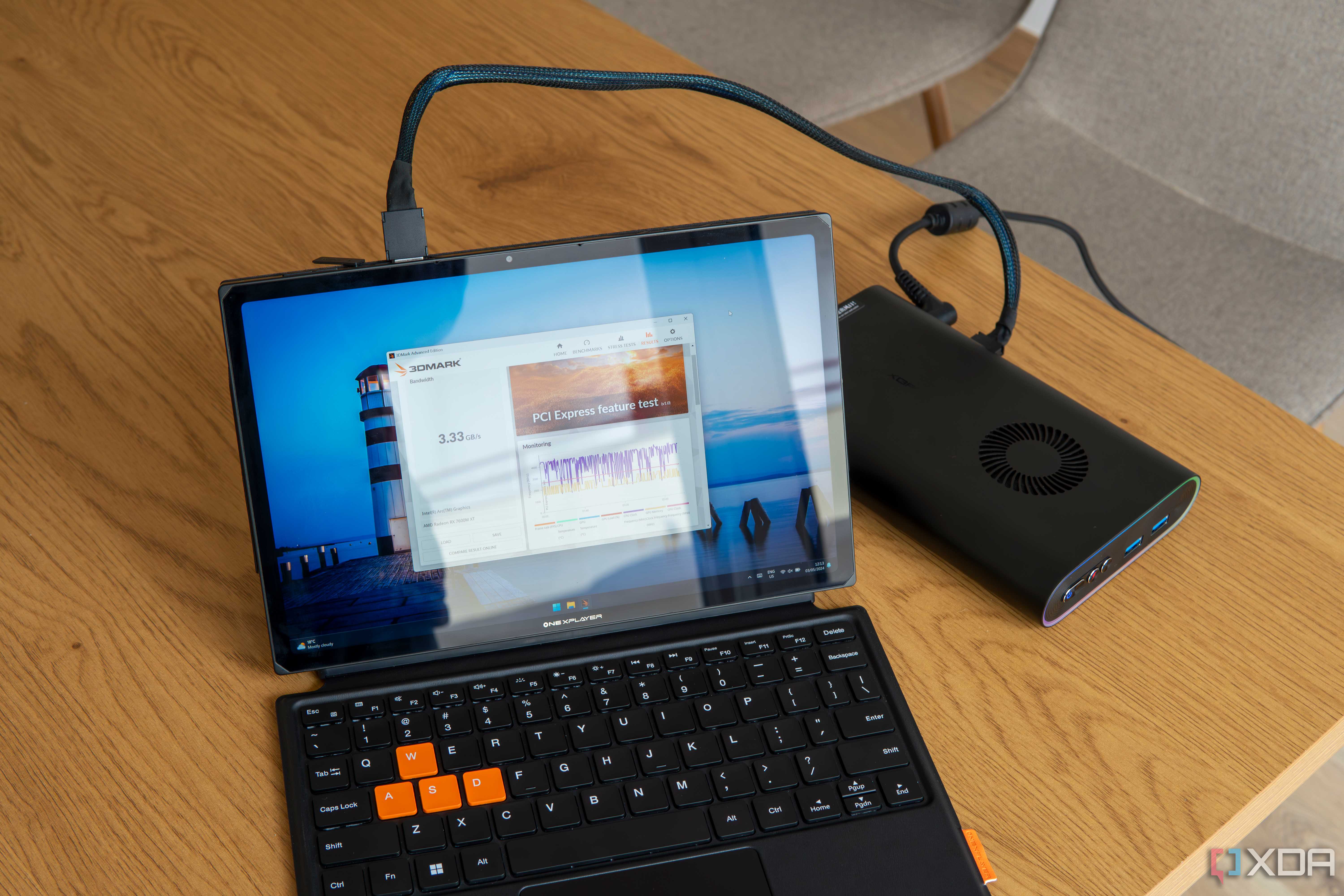 A One Xplayer X1 tablet with a OneXGPU connected via OCuLink showing benchmark results