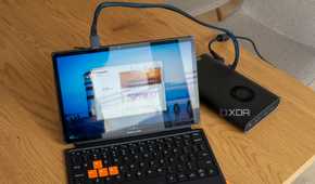 A One Xplayer X1 tablet with a OneXGPU connected via OCuLink showing benchmark results