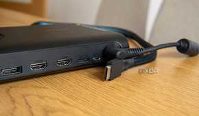 Close-up of an external GPU with an OCuLink port and an OCuLink cable next to it