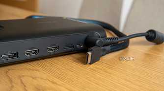 Close-up of an external GPU with an OCuLink port and an OCuLink cable next to it