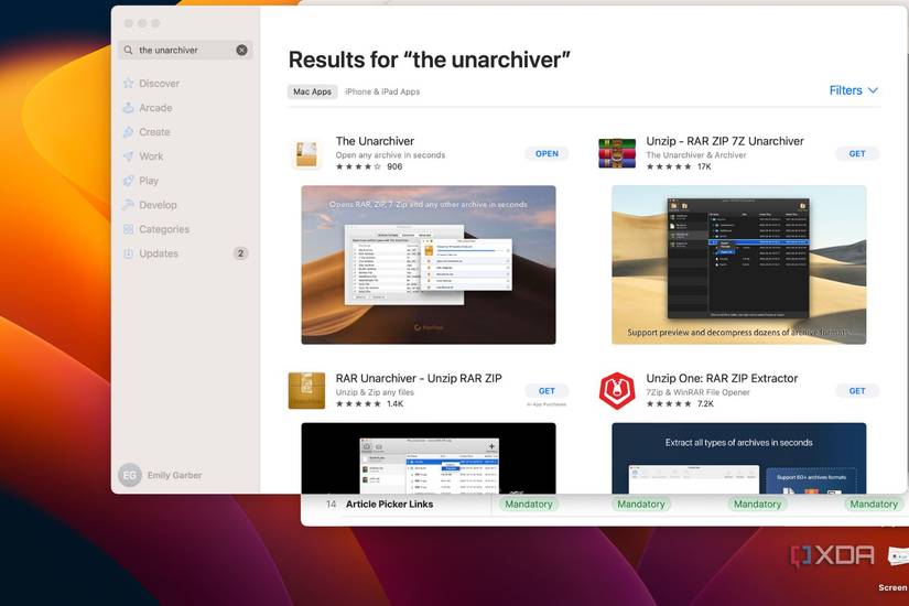 MacOS screenshot that shows The Unarchiver app in the App Store