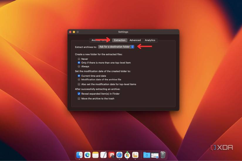 macOS screenshot that shows the Extraction preferences for The Unarchiver app