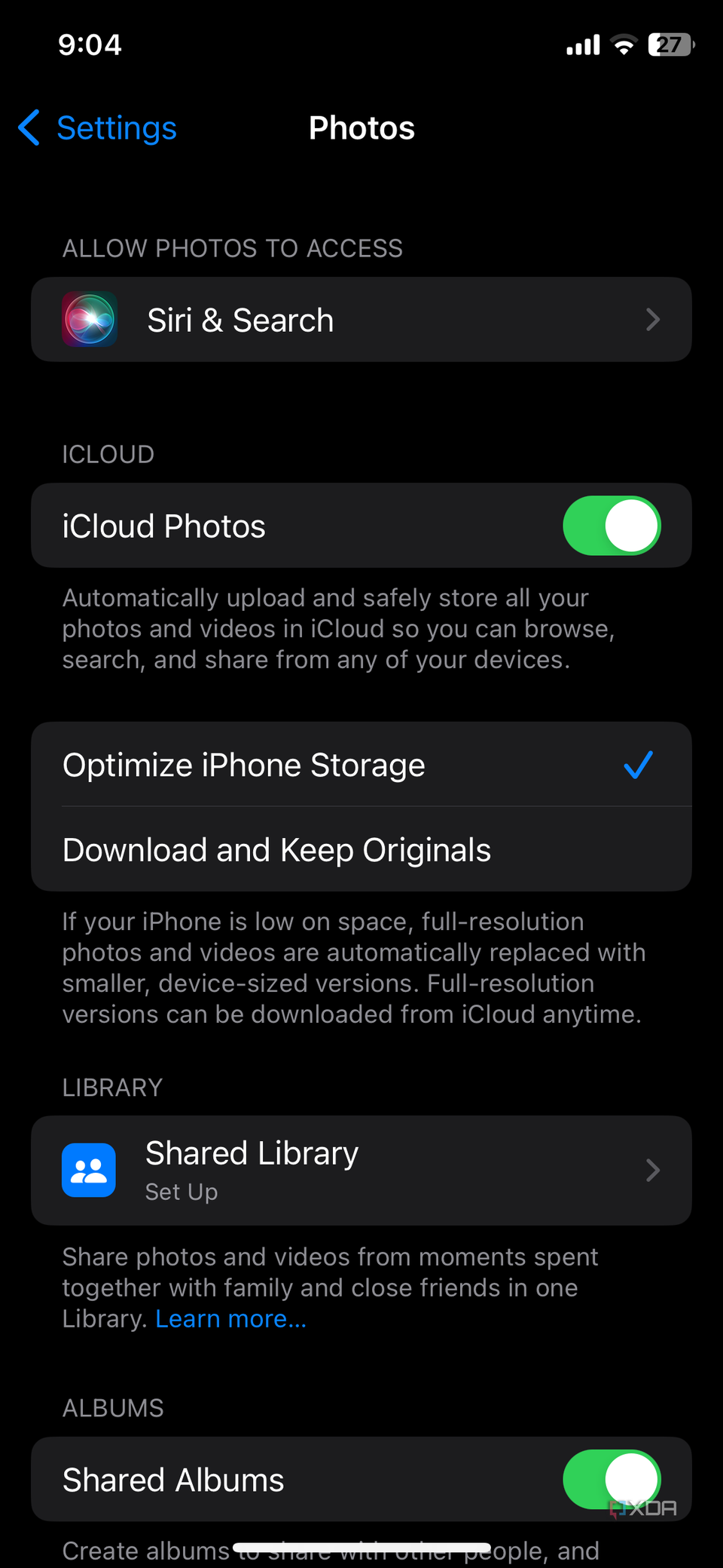 iPhone Settings app screenshot that highlights the Photos page.