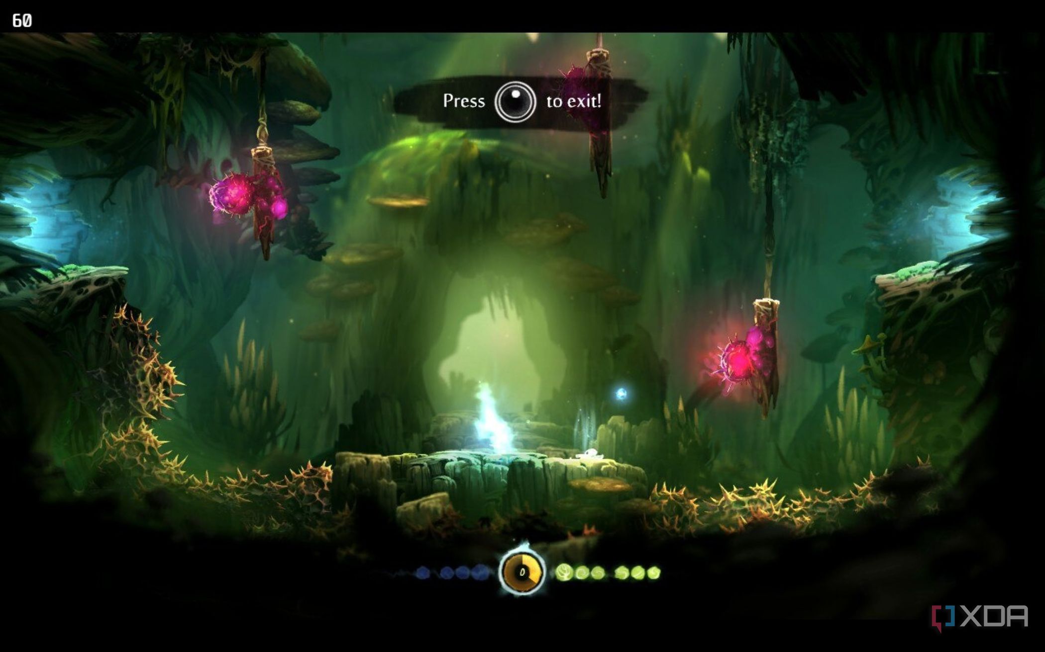 screenshot from ori and the blind forest showing jumping up the inside of a hollow tree
