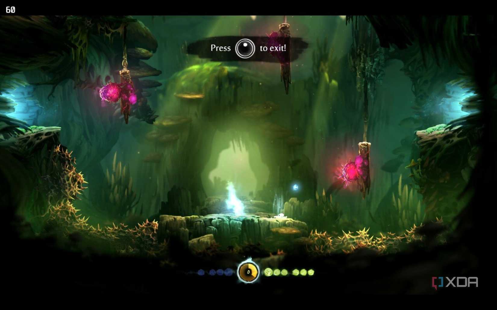 screenshot from ori and the blind forest showing jumping up the inside of a hollow tree
