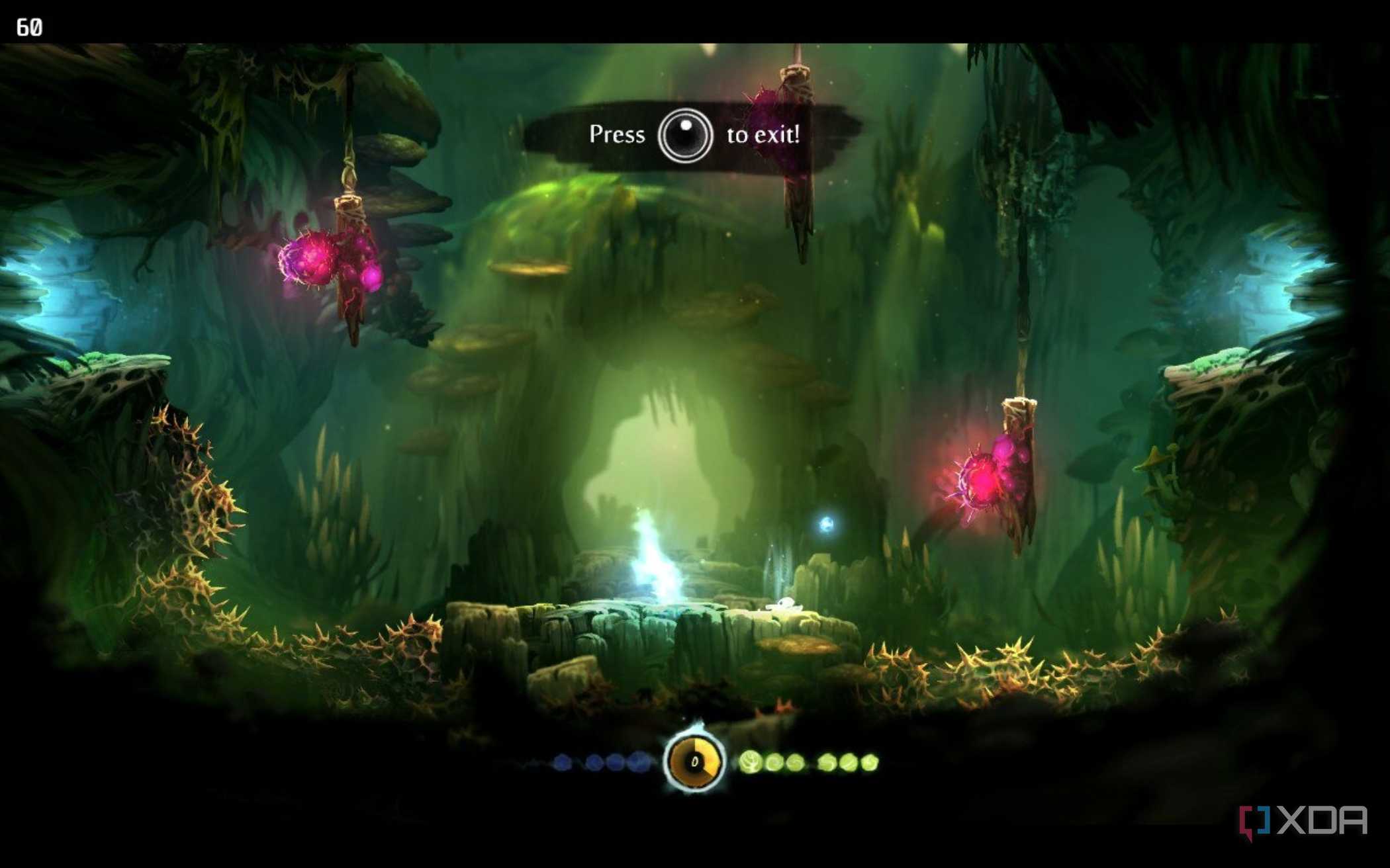 screenshot from ori and the blind forest showing jumping up the inside of a hollow tree