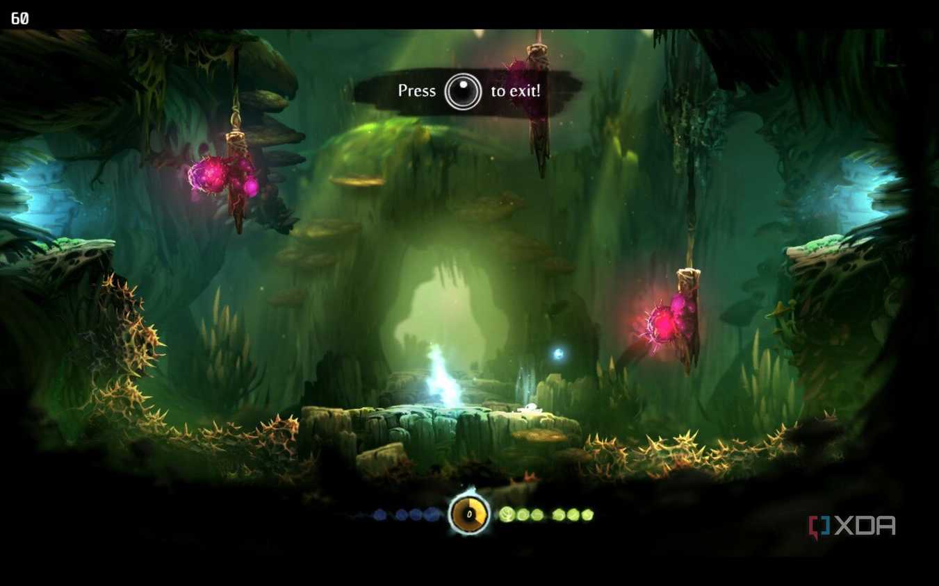 screenshot from ori and the blind forest showing jumping up the inside of a hollow tree