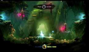 screenshot from ori and the blind forest showing jumping up the inside of a hollow tree