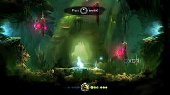 screenshot from ori and the blind forest showing jumping up the inside of a hollow tree