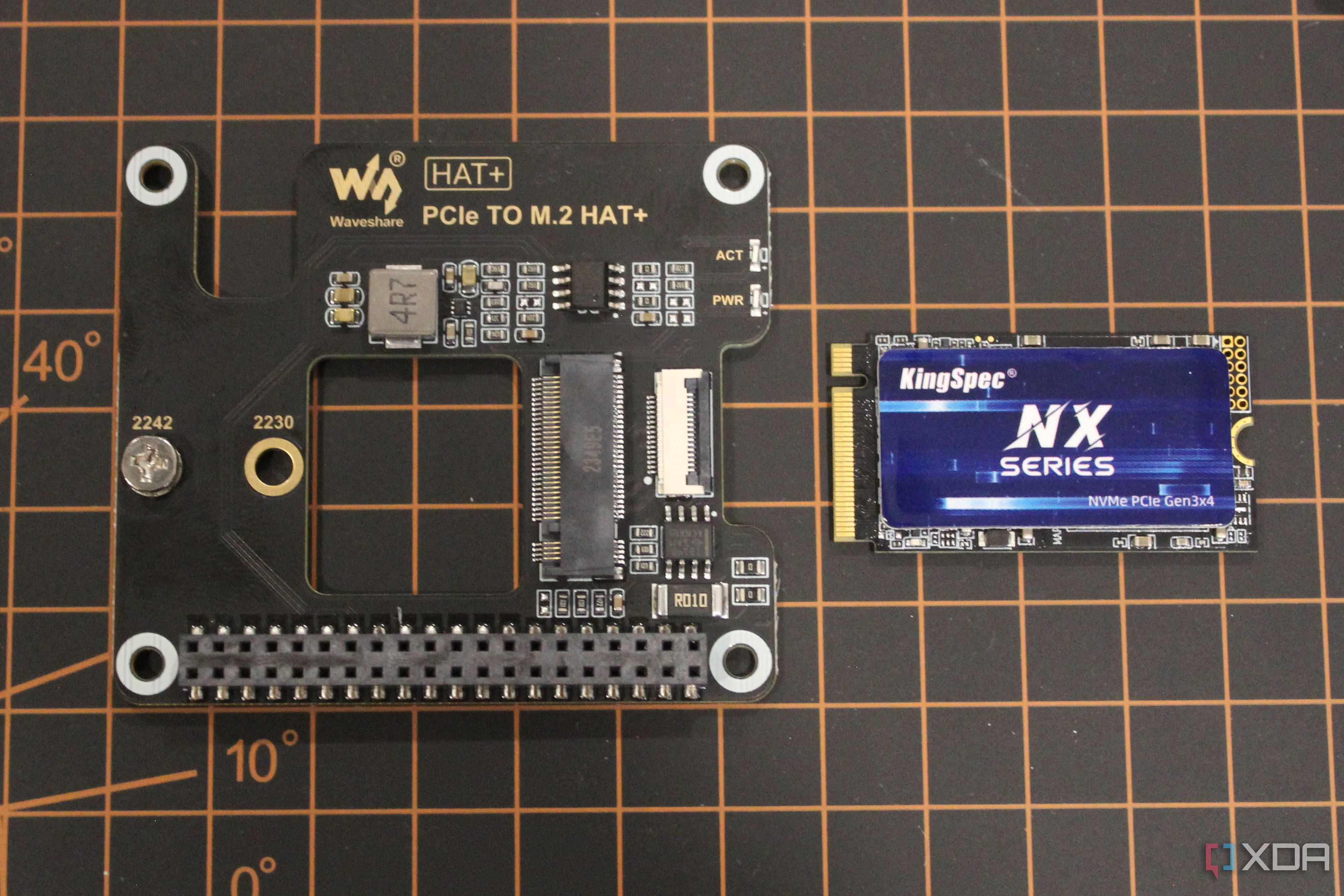 Waveshare PCIe HAT next to SSD card