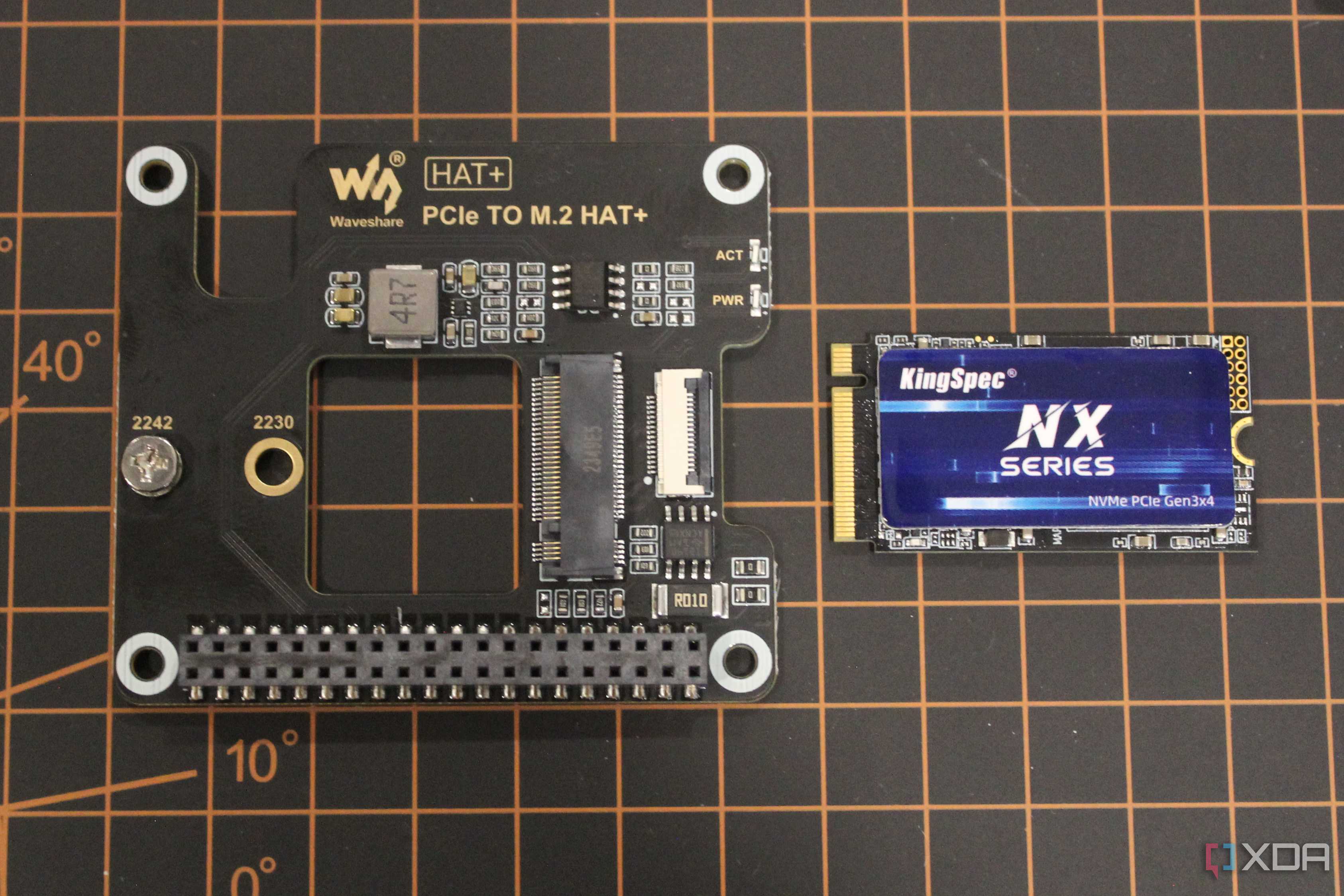 Waveshare PCIe HAT next to SSD card