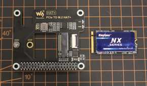 Waveshare PCIe HAT next to SSD card