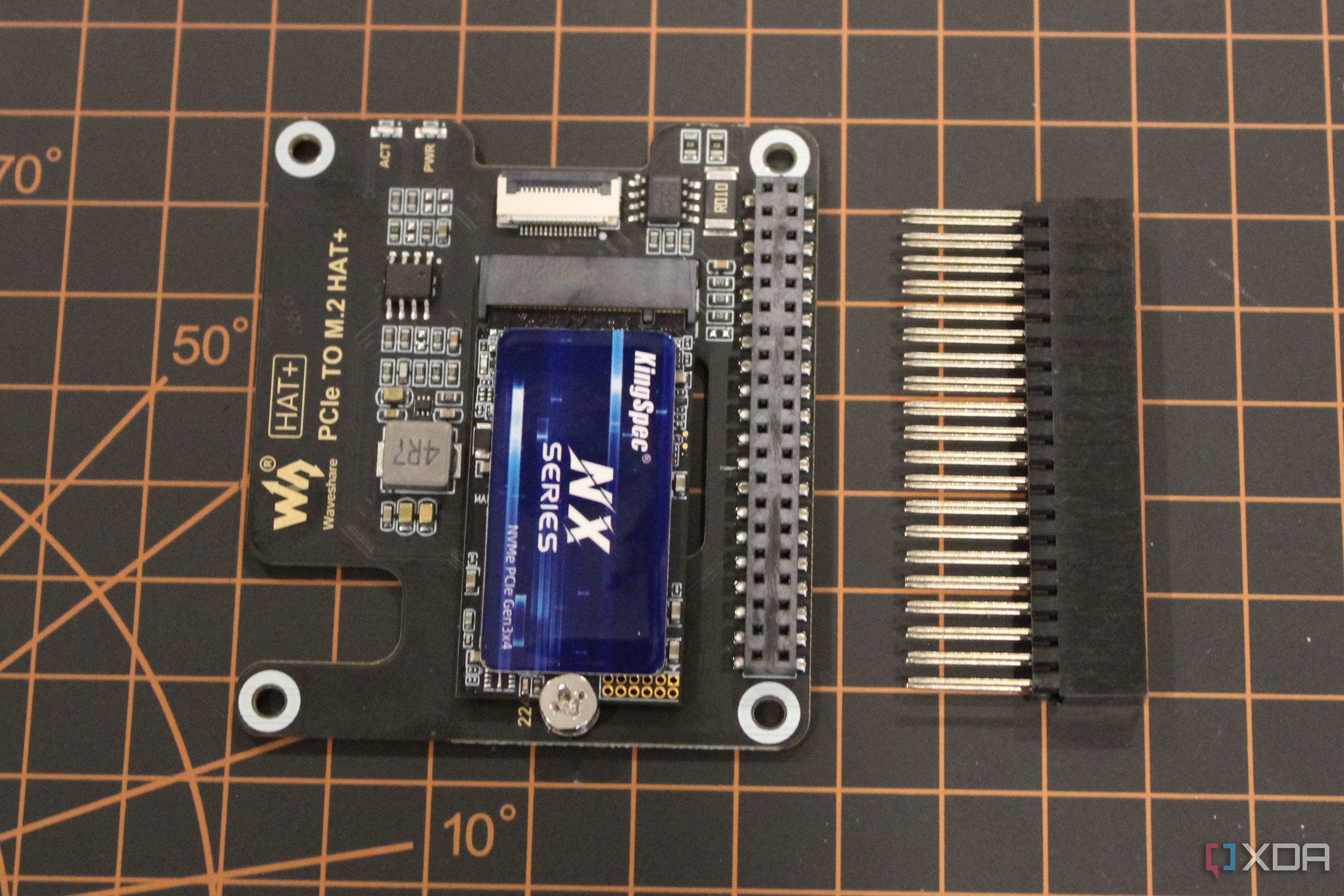 Waveshare PCIe HAT next to GPIO pin extenders