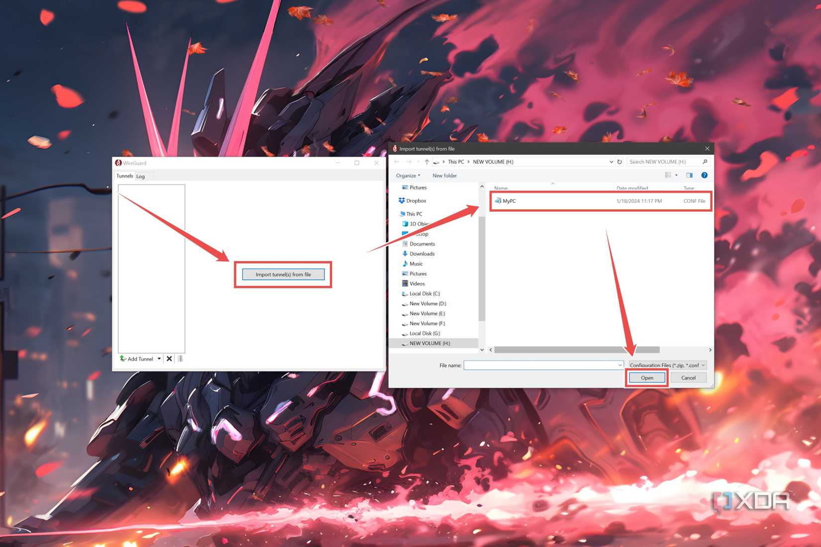 The procedure to import the client_name.conf file into the WireGuard PC app