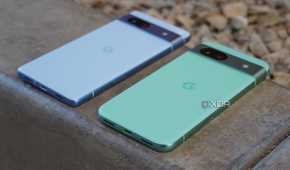 An angled view of the Pixel 7a and Pixel 8a.