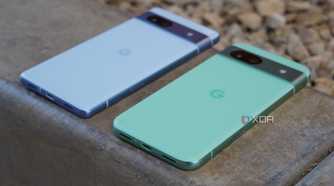 An angled view of the Pixel 7a and Pixel 8a.